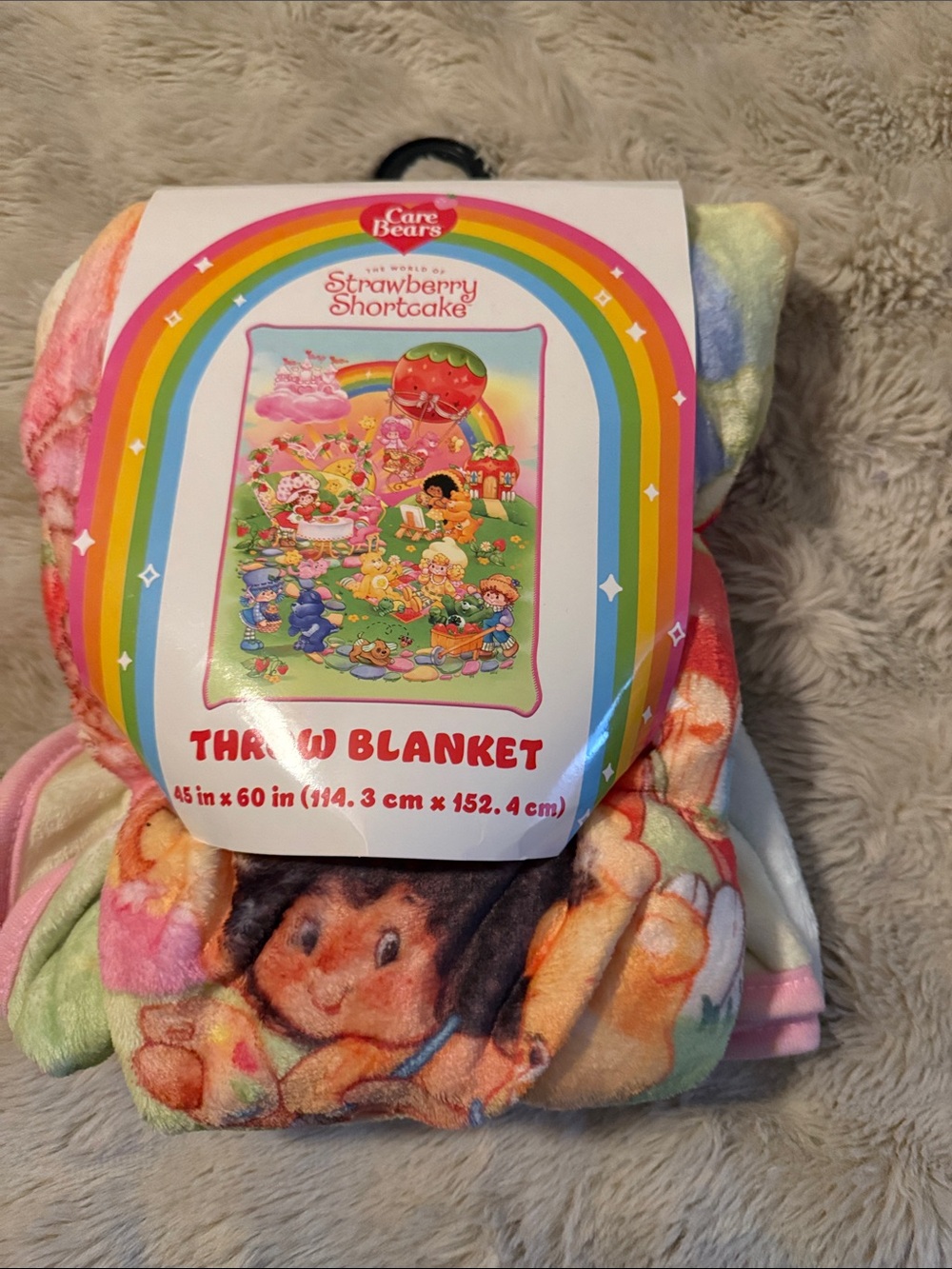 Care Bears x Strawberry Shortcake Plush Throw Blanket - Rainbow Multicolor
